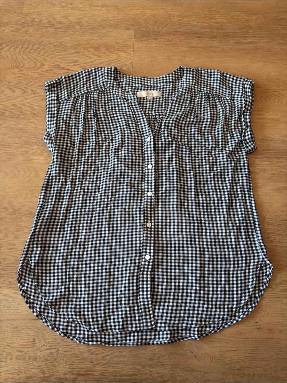 LOFT Navy and White Gingham Button-Down Blouse